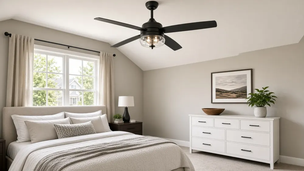 Dark ceiling fan with light kit in a bright bedroom