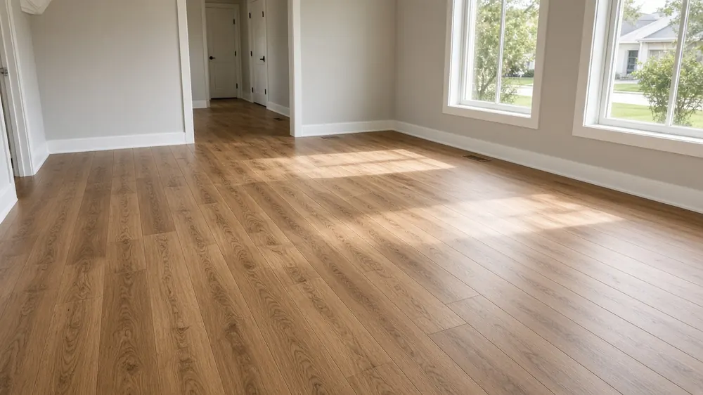 Newly installed wood-look laminate flooring in an empty bright room