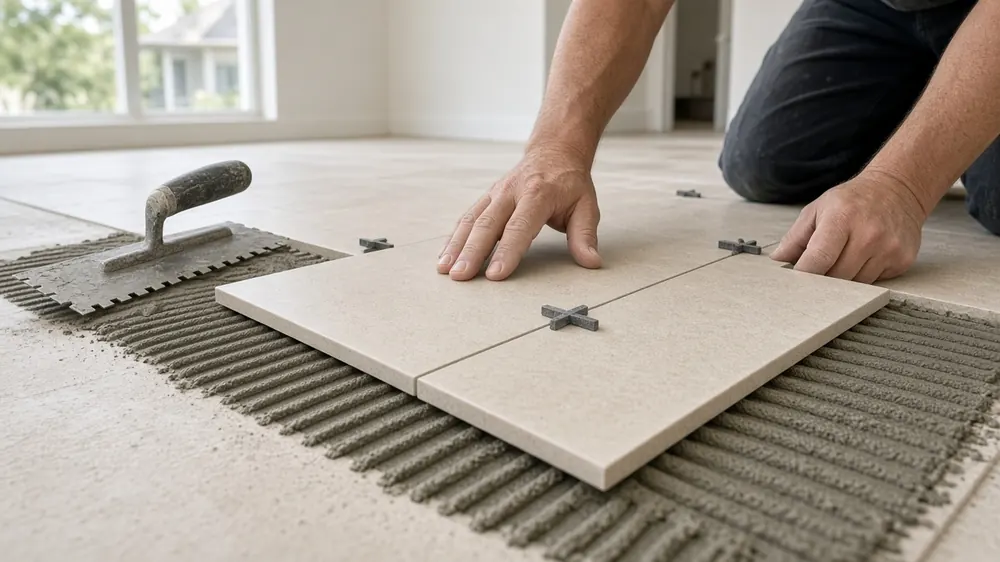 Installer setting large-format tile on thinset with leveling clips