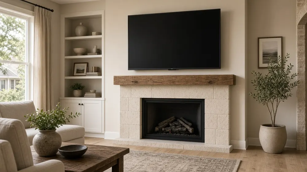 Flat-screen TV wall-mounted above a stone fireplace in a living room