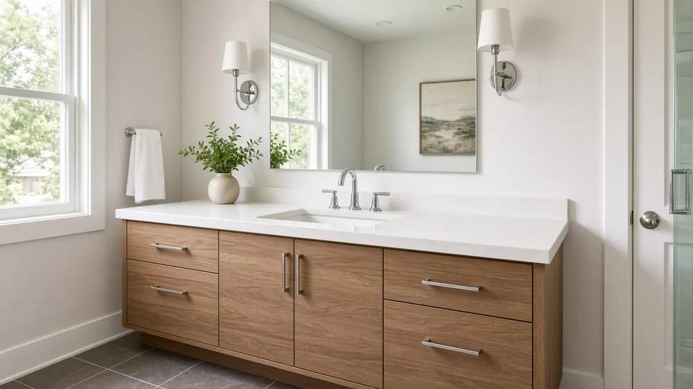Wood bathroom vanity with white countertop and sink in a bright bathroom